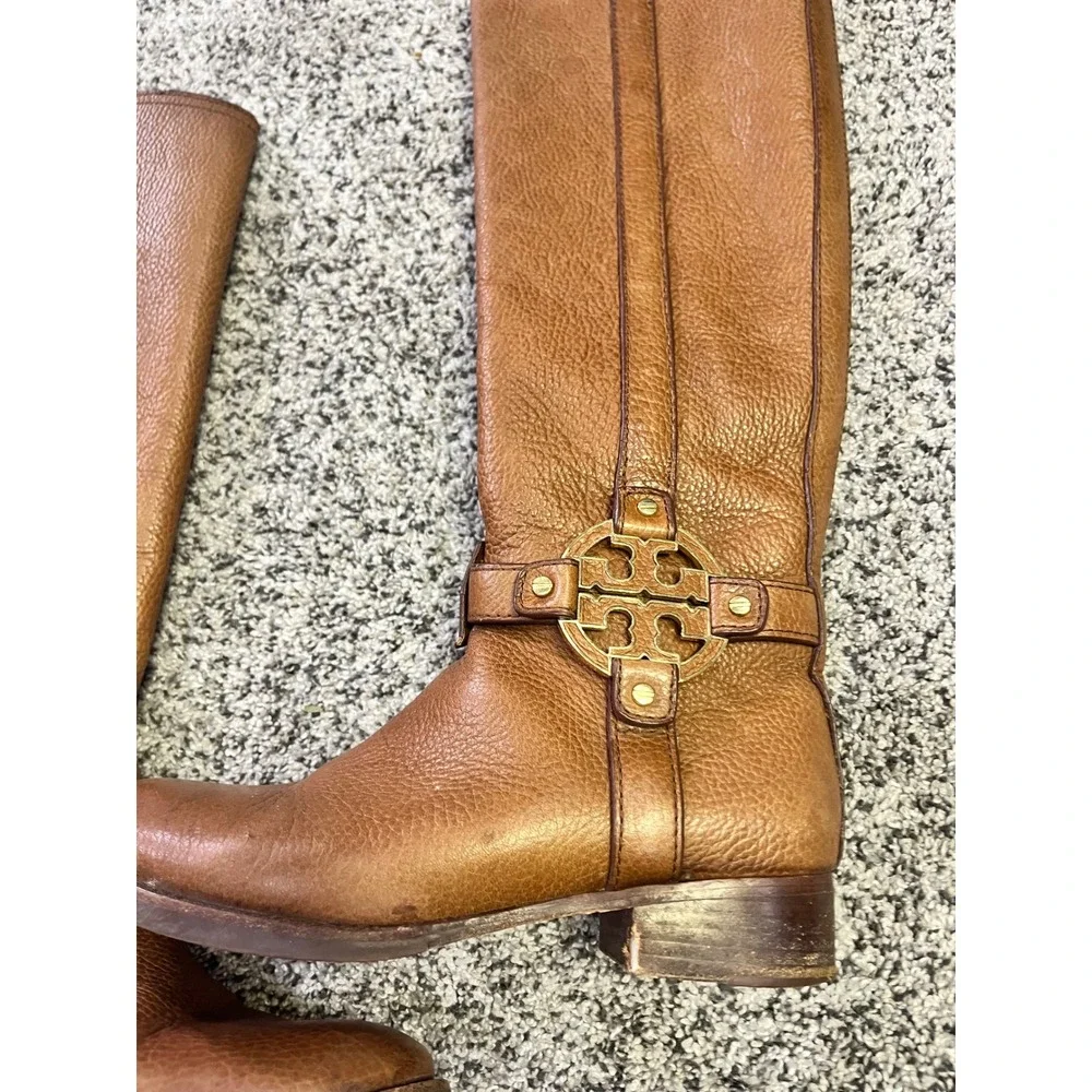 Tory Burch Brown Leather Riding Boots Logo Buckle Knee High Women Size‎ 6